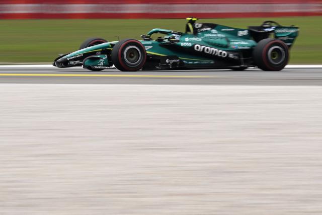 Aston Martin's Spanish driver Fernando Alonso steers his car during the third practice session ahead of the Formula One Bahrain Grand Prix in Sepang on October 3, 2026. (Photo by Jade Gao / AFP)