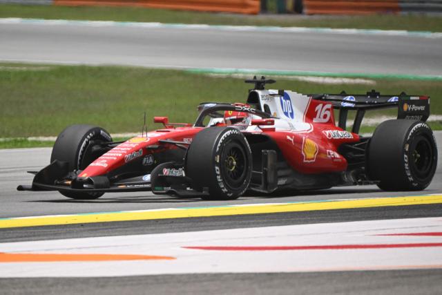 Ferrari's Monegasque driver Charles Leclerc steers his car during the third practice session ahead of the Formula One Bahrain Grand Prix in Sepang on October 3, 2026. (Photo by JADE GAO / AFP)