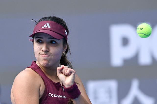 Colombia´s Camila Osorio reacts during the women's singles second round tennis match against  USA's Coco Gauff at the China Open tennis tournament in Beijing on October 3, 2026. (Photo by WANG Zhao / AFP)