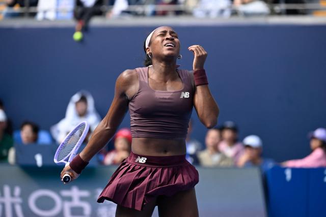 USA's Coco Gauff reacts during the women's singles second round tennis match against Colombia's Camila Osorio at the China Open tennis tournament in Beijing on October 3, 2026. (Photo by WANG Zhao / AFP)