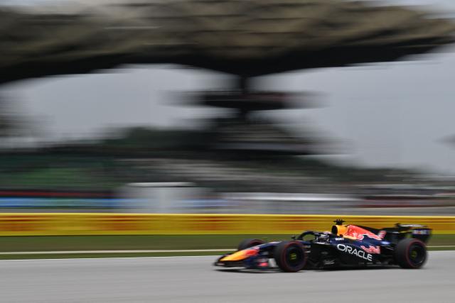 Red Bull Racing's Dutch driver Max Verstappen steers his car during the third practice session ahead of the Formula One Bahrain Grand Prix in Sepang on October 3, 2026. (Photo by Jade Gao / AFP)