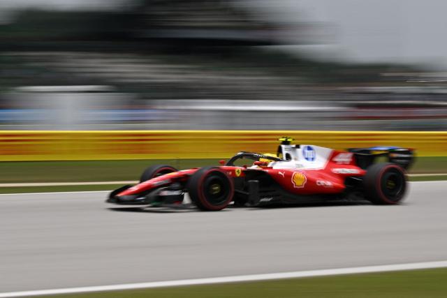 Ferrari's British driver Lewis Hamilton steers his car during the third practice session ahead of the Formula One Bahrain Grand Prix in Sepang on October 3, 2026. (Photo by Jade Gao / AFP)