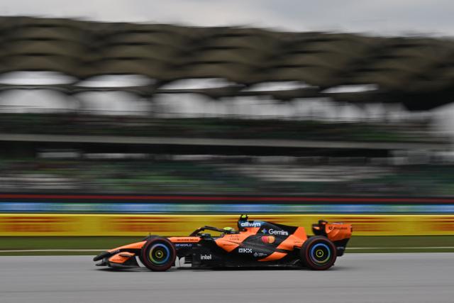 McLaren's British driver Lando Norris steers his car during the third practice session ahead of the Formula One Bahrain Grand Prix in Sepang on October 3, 2026. (Photo by Jade Gao / AFP)