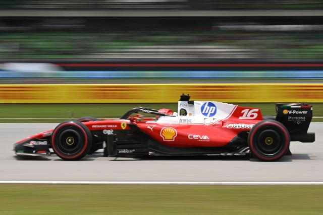 Ferrari's Monegasque driver Charles Leclerc steers his car during the third practice session ahead of the Formula One Bahrain Grand Prix in Sepang on October 3, 2026. (Photo by Jade Gao / AFP)