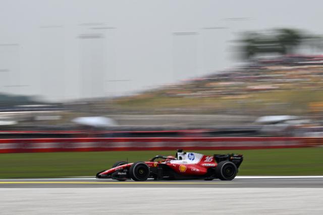 Ferrari's Monegasque driver Charles Leclerc steers his car during the third practice session ahead of the Formula One Bahrain Grand Prix in Sepang on October 3, 2026. (Photo by Jade Gao / AFP)