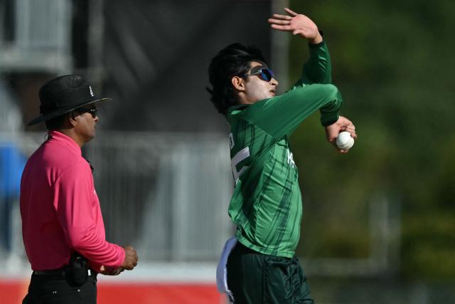 Pakistan's Saad Masood bowls during the men's cricket final match between Pakistan and India during the 2026 Asian Games at the Korogi Athletic Park in Nisshin on October 3, 2026. (Photo by ANDREW CABALLERO-REYNOLDS / AFP)