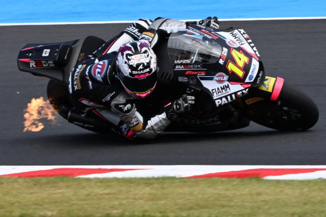 REDS Fantic Racing rider Tony Arbolino of Italy rides his motorcycle during the Moto2 class practice session of MotoGP Japanese Grand Prix at the Mobility Resort Motegi in Motegi, Tochigi prefecture on October 3, 2026. (Photo by Toshifumi KITAMURA / AFP)