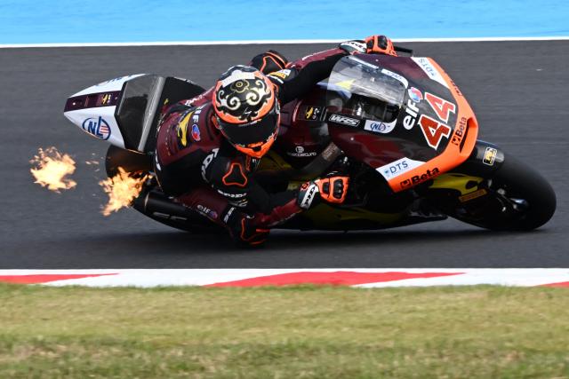 ELF Marc VDS Racing rider Aron Canet of Spain rides his motorcycle during the Moto2 class practice session of MotoGP Japanese Grand Prix at the Mobility Resort Motegi in Motegi, Tochigi prefecture on October 3, 2026. (Photo by Toshifumi KITAMURA / AFP)