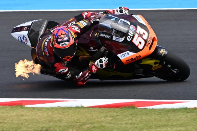 ELF Marc VDS Racing rider Daniz Oncu of Turkey rides his motorcycle during the Moto2 class practice session of MotoGP Japanese Grand Prix at the Mobility Resort Motegi in Motegi, Tochigi prefecture on October 3, 2026. (Photo by Toshifumi KITAMURA / AFP)
