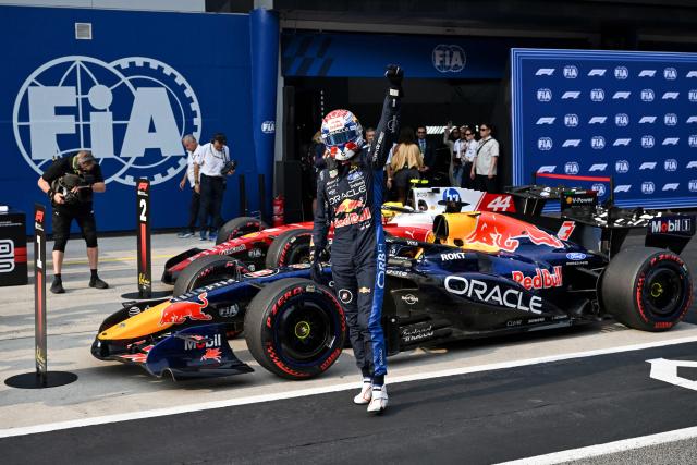 Red Bull Racing's Dutch driver Max Verstappen gestures after qualifying in pole position following the qualifying session of the Formula One Bahrain Grand Prix in Sepang on October 3, 2026. (Photo by JADE GAO / AFP)