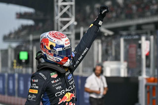Red Bull Racing's Dutch driver Max Verstappen gestures after finishing in pole position during the qualifying session of the Formula One Bahrain Grand Prix in Sepang on October 3, 2026. (Photo by Lillian SUWANRUMPHA / AFP)