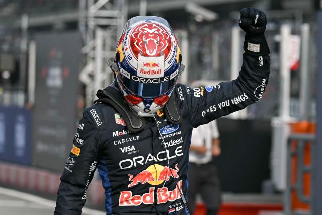 Red Bull Racing's Dutch driver Max Verstappen gestures after qualifying in pole position after the qualifying session of the Formula One Bahrain Grand Prix in Sepang on October 3, 2026. (Photo by Lillian SUWANRUMPHA / AFP)