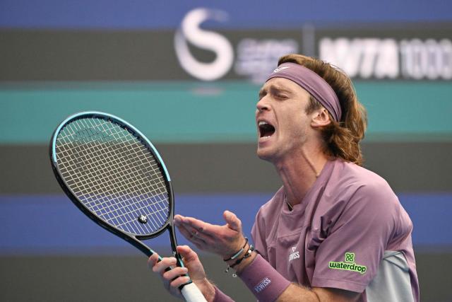 Russia’s Andrey Rublev reacts to a lost point to compatriot Roman Safiullin in their men’s singles match at the China Open tennis tournament in Beijing on October 3, 2026. (Photo by GREG BAKER / AFP)