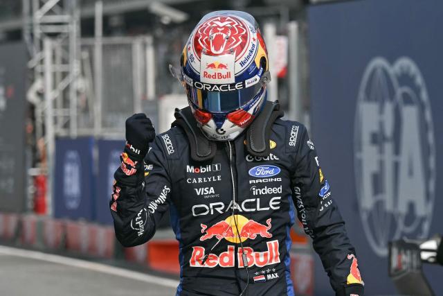 Red Bull Racing's Dutch driver Max Verstappen gestures after finishing in pole position during the qualifying session of the Formula One Bahrain Grand Prix in Sepang on October 3, 2026. (Photo by Lillian SUWANRUMPHA / AFP)