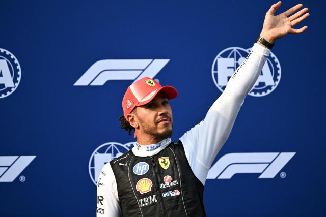 Ferrari's British driver Lewis Hamilton gestures after qualifying in second position in the qualifying session of the Formula One Bahrain Grand Prix in Sepang on October 3, 2026. (Photo by Jade Gao / AFP)