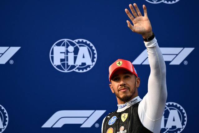 Ferrari's British driver Lewis Hamilton gestures after qualifying in second position in the qualifying session of the Formula One Bahrain Grand Prix in Sepang on October 3, 2026. (Photo by Jade Gao / AFP)