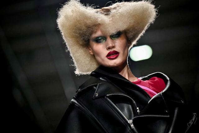 A model presents a creation for Junya Watanabe Women's Spring/Summer 2027 collection fashion show as part of the Paris Fashion Week, in Paris on October 3, 2026. (Photo by LOU BENOIST / AFP)