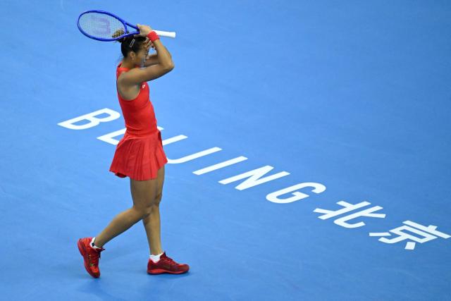 China's Zheng Qinwen reacts during the women's singles second round tennis match Russia's Anna Kalinskaya at the China Open tennis tournament in Beijing on October 3, 2026. (Photo by WANG Zhao / AFP)