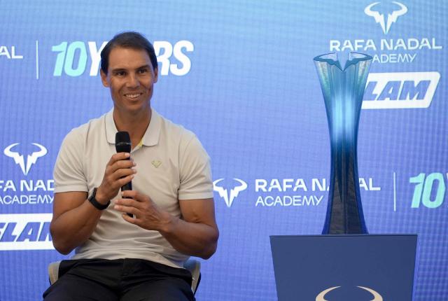 Spanish tennis legend Rafael Nadal gives a press conference prior an event to celebrate Rafael Nadal academy's 10th anniversary in Manacor on the Spanish Balearic Island of Mallorca on October 3, 2026. (Photo by MANU QUINTERO / AFP)