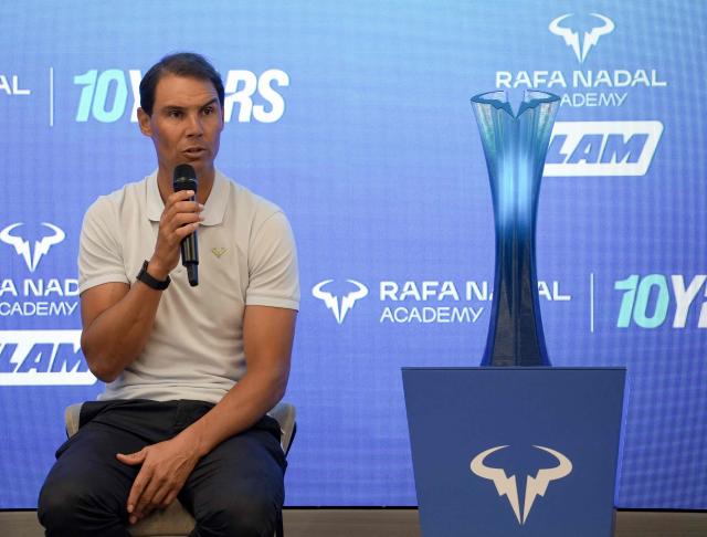 Spanish tennis legend Rafael Nadal gives a press conference prior an event to celebrate Rafael Nadal academy's 10th anniversary in Manacor on the Spanish Balearic Island of Mallorca on October 3, 2026. (Photo by MANU QUINTERO / AFP)