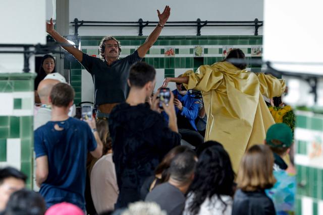 Austrian fashion designer Andreas Kronthaler for Vivienne Westwood aknowledges the audience at the end of the Vivienne Westwood Women's Spring/Summer 2027 collection fashion show as part of the Paris Fashion Week, in Paris on October 3, 2026. (Photo by GEOFFROY VAN DER HASSELT / AFP)