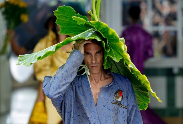 US model Scott Barnhill presents a creation for Vivienne Westwood Women's Spring/Summer 2027 collection fashion show as part of the Paris Fashion Week, in Paris on October 3, 2026. (Photo by GEOFFROY VAN DER HASSELT / AFP)