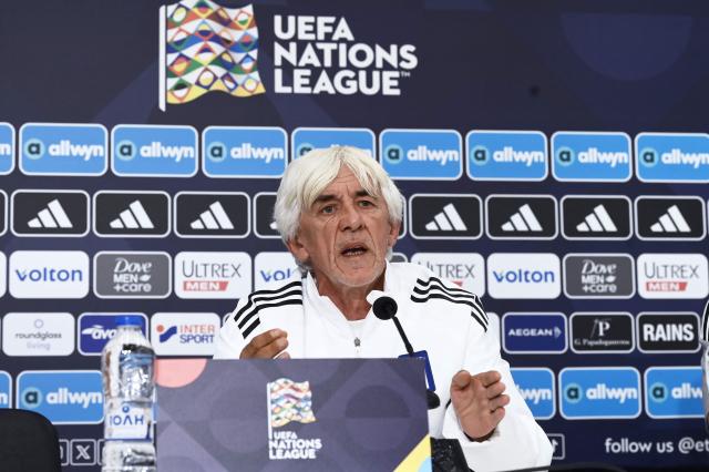Greece's Serbian head coach Ivan Jovanovic addresses a press conference at the Toumba Stadium in Thessaloniki, on October 3, 2026, ahead of the UEFA Nations League Group A2 football match between Greece and Germany. (Photo by Sakis Mitrolidis / AFP)