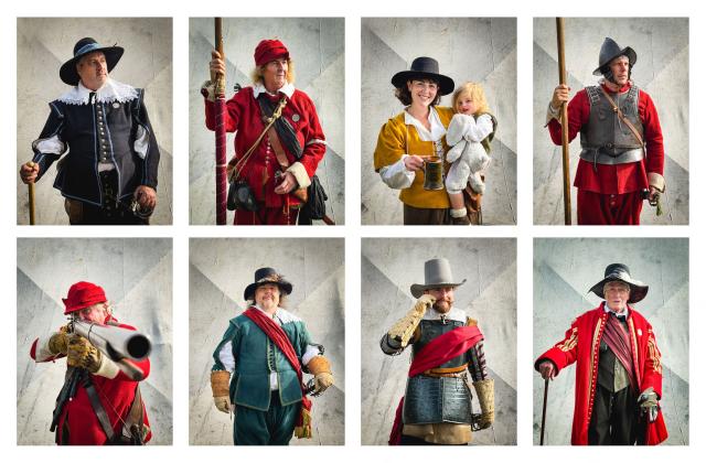 A combination created in London, of portraits of people serving in the The Marquis of Winchester Regiment during a living history re-enactment of the 1645 English Civil War, at Old Basing House near Basingstoke south east England, on October 3, 2026. After the decisive defeat of King Charles I's army at Naseby in Northamptonshire in June 1645 Oliver Cromwell led part of the New Model Army to "mop up" remaining royalist bases in Wiltshire and Hampshire. He appeared before Basing House around 8 October, determined to capture this major royalist stronghold, containing both a garrison and civilians, including many Catholics, which had resisted earlier sieges and had long been a thorn in parliament's side. He subjected the place to heavy bombardment and by the 13 had opened up breaches in the defences. He and his men stormed and captured the stronghold on the morning of 14 October. (Photo by Adrian DENNIS / AFP) / ALTERNATIVE CROP