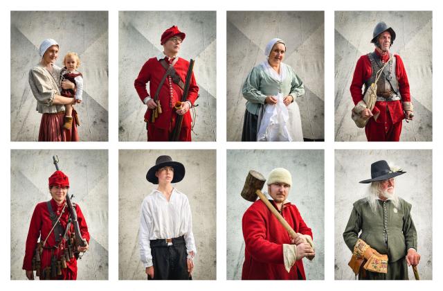 A combination created in London, of portraits of people serving in the The Marquis of Winchester Regiment during a living history re-enactment of the 1645 English Civil War, at Old Basing House near Basingstoke south east England, on October 3, 2026. After the decisive defeat of King Charles I's army at Naseby in Northamptonshire in June 1645 Oliver Cromwell led part of the New Model Army to "mop up" remaining royalist bases in Wiltshire and Hampshire. He appeared before Basing House around 8 October, determined to capture this major royalist stronghold, containing both a garrison and civilians, including many Catholics, which had resisted earlier sieges and had long been a thorn in parliament's side. He subjected the place to heavy bombardment and by the 13 had opened up breaches in the defences. He and his men stormed and captured the stronghold on the morning of 14 October. (Photo by Adrian DENNIS / AFP) / ALTERNATIVE CROP