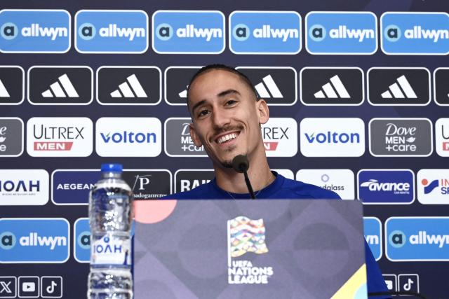 Greece's defender #21 Konstantinos Tsimikas  reacts during a press conference at the Toumba Stadium in Thessaloniki, on October 3, 2026, ahead of the UEFA Nations League Group A2 football match between Greece and Germany. (Photo by Sakis Mitrolidis / AFP)