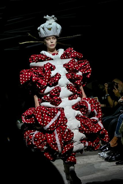 Belarus model Tanya Dziahileva presents a creation for Comme des Garcons Women's Spring/Summer 2027 collection fashion show as part of the Paris Fashion Week, in Paris on October 3, 2026. (Photo by LOU BENOIST / AFP)