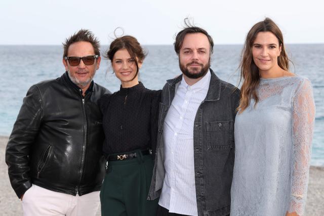 (LtoR) French director Maurice Hermet, French actress Alice Dufour, French actor Jeremy Lopez and Swiss actress Charlotte Gabris pose during a photocall for the film "Instinct de famille" as part of the 8th edition of the Cineroman film festival in Nice, French Riviera, on October 3, 2026. (Photo by Valery HACHE / AFP)