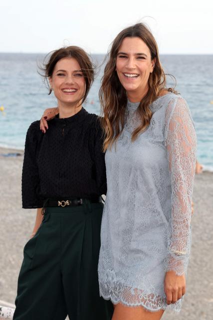 French actress Alice Dufour (L) and Swiss actress Charlotte Gabris (R)  pose during a photocall for the film "Instinct de famille" as part of the 8th edition of the Cineroman film festival in Nice, French Riviera, on October 3, 2026. (Photo by Valery HACHE / AFP)