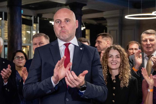 Latvia's Prime Minister Andris Kulbergs reacts after first exit poll results of the general election was announced during his Apvienotais Saraksts (United List) party’s election night in Riga on October 3, 2026. (Photo by Wojtek RADWANSKI / AFP) / ALTERNATIVE CROP