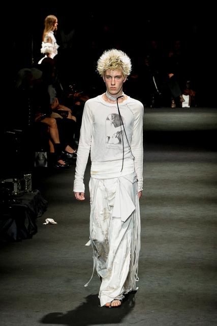 A model presents a creation for Ann Demeulemeester Women's Spring/Summer 2027 collection fashion show as part of the Paris Fashion Week, in Paris on October 3, 2026. (Photo by GEOFFROY VAN DER HASSELT / AFP)