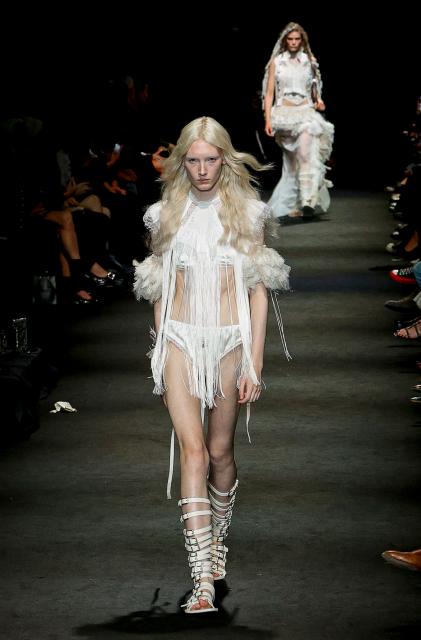 A model presents a creation for Ann Demeulemeester Women's Spring/Summer 2027 collection fashion show as part of the Paris Fashion Week, in Paris on October 3, 2026. (Photo by GEOFFROY VAN DER HASSELT / AFP)