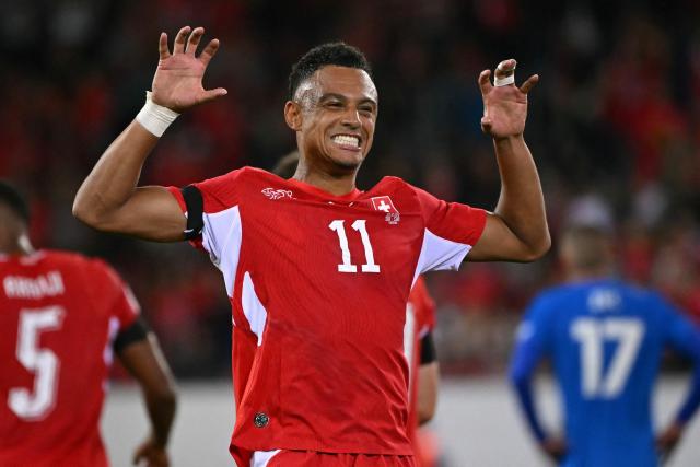 Switzerland's midfielder #11 Dan Ndoye celebrates scoring his team's second goal during the UEFA Nations League Group B1 football match between Switzerland and Slovenia at the Thermoplan Arena in Lucerne on October 3, 2026. (Photo by Fabrice COFFRINI / AFP)