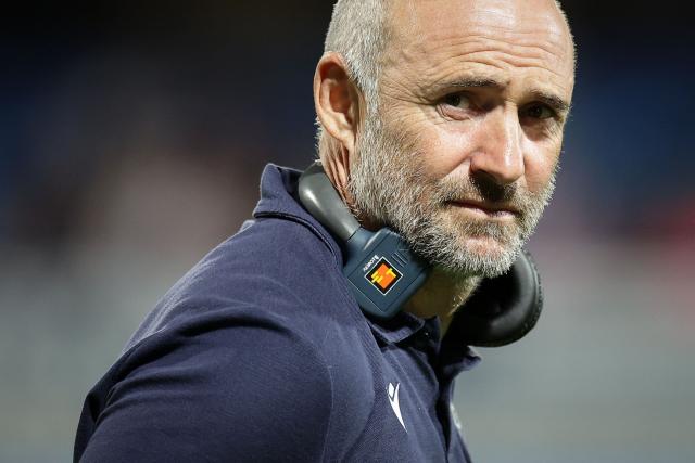 Castres' head coach Xavier Sadourny looks on before the French Top14 rugby union match between Castres Olympique and Stade Toulousain at Stade Pierre Fabre in Castres, southwestern France, on October 3, 2026. (Photo by Valentine CHAPUIS / AFP)
