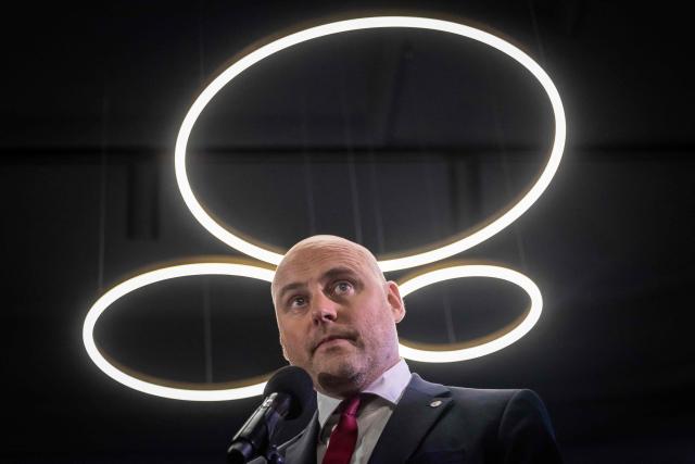 Latvia's Prime Minister Andris Kulbergs speaks after the first exit poll results of the parliamentary election were announced during an election night event of his centre-right Apvienotais Saraksts (United List) party in Riga on October 3, 2026. (Photo by Wojtek RADWANSKI / AFP)
