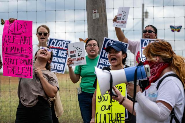 Demonstrators protest in support of families detained inside the Dilley Detention Center in Dilley, Texas on October 3, 2026. (Photo by RONALDO SCHEMIDT / AFP)