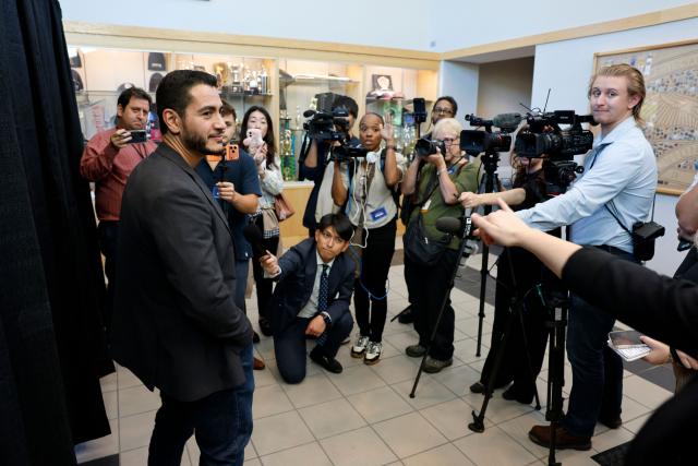 Democrat US Senate candidate Abdul El-Sayed speaks to the media at the Council of Carpenters & Millwrights facility in Warren, Michigan on October 3, 2026. El-Sayed and US Senator Elissa Slotkin (D-MI) are due to hold a town hall campaign event together later today. (Photo by JEFF KOWALSKY / AFP)