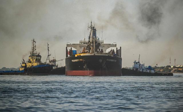 The Prosperity 101 bulk carrier, sailing under the Panamanian flag, is seen on Lake Maracaibo in Maracaibo, Venezuela, on October 3, 2026. (Photo by Maryorin Mendez / AFP)