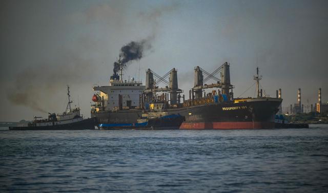 The Prosperity 101 bulk carrier, sailing under the Panamanian flag, is seen on Lake Maracaibo in Maracaibo, Venezuela, on October 3, 2026. (Photo by Maryorin Mendez / AFP)