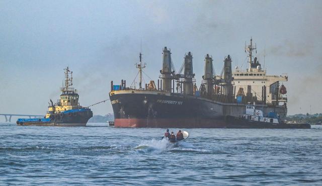 The Prosperity 101 bulk carrier, sailing under the Panamanian flag, is seen on Lake Maracaibo in Maracaibo, Venezuela, on October 3, 2026. (Photo by Maryorin Mendez / AFP)
