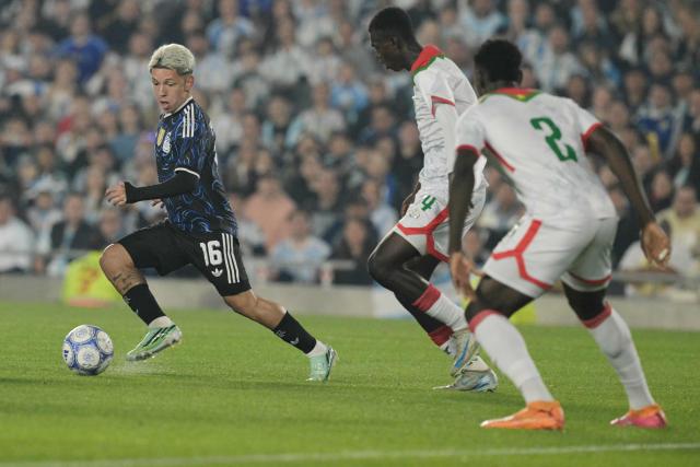 Argentina's forward #16 Gianluca Prestianni controls the ball during the international friendly football match between Argentina and Burkina Faso at the Mas Monumental stadium in Buenos Aires on October 3, 2026. (Photo by JUAN MABROMATA / AFP)