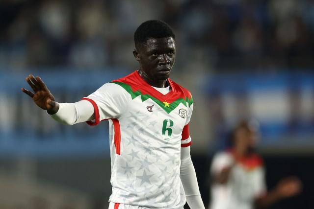 Burkina Faso's midfielder #06 Chec Bebel Doumbia gestures during the international friendly football match between Argentina and Burkina Faso at the Mas Monumental stadium in Buenos Aires on October 3, 2026. (Photo by Alejandro PAGNI / AFP)