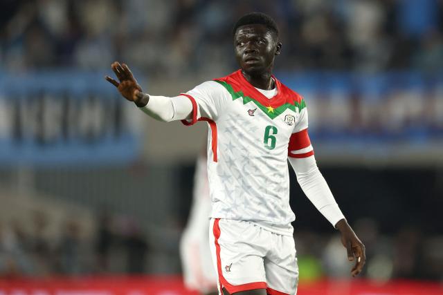Burkina Faso's midfielder #06 Chec Bebel Doumbia gestures during the international friendly football match between Argentina and Burkina Faso at the Mas Monumental stadium in Buenos Aires on October 3, 2026. (Photo by Alejandro PAGNI / AFP)