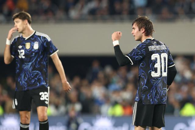 Argentina's forward #30 Franco Mastantuono celebrates scoring his team's sixth goal with teammates during the international friendly football match between Argentina and Burkina Faso at the Mas Monumental stadium in Buenos Aires on October 3, 2026. (Photo by Alejandro PAGNI / AFP)