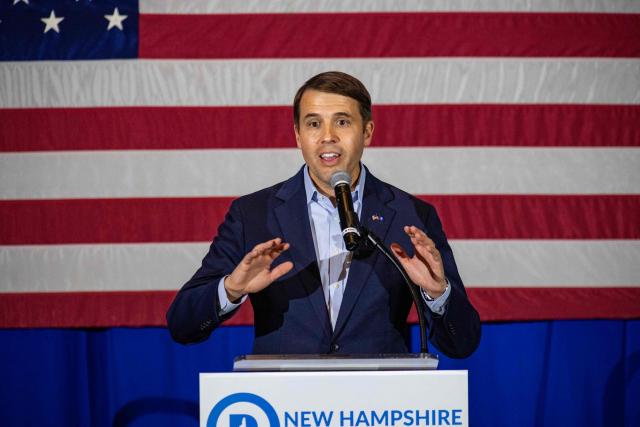 US Congressman Chris Pappas (D-NH) and candidate for US Senate speaks at the 2026 Eleanor Roosevelt Dinner in Concord, New Hampshire, on October 3, 2026. (Photo by Joseph Prezioso / AFP)