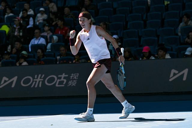 Czech Republic's Nikola Bartunkova reacts during her women's singles match against Belarus's Aryna Sabalenka at the China Open tennis tournament in Beijing on October 4, 2026. (Photo by Pedro PARDO / AFP)